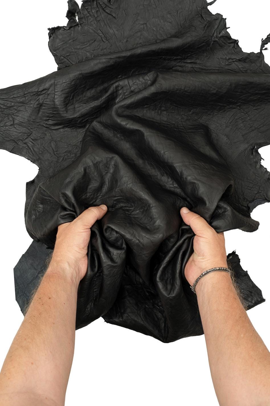 Black MATT leather skin, sporty soft WRINKLED goatskin, shrunken material 1.2 - 1.4 mm for crafting creations B19702-TB La Garzarara