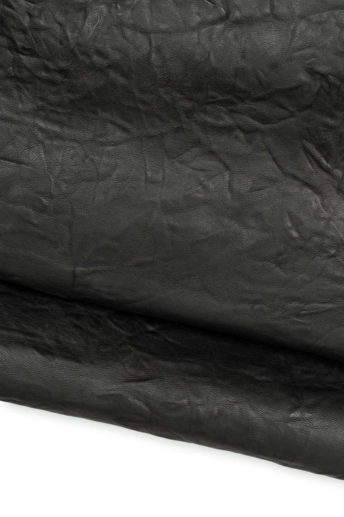Black MATT leather skin, sporty soft WRINKLED goatskin, shrunken material 1.2 - 1.4 mm for crafting creations B19702-TB La Garzarara