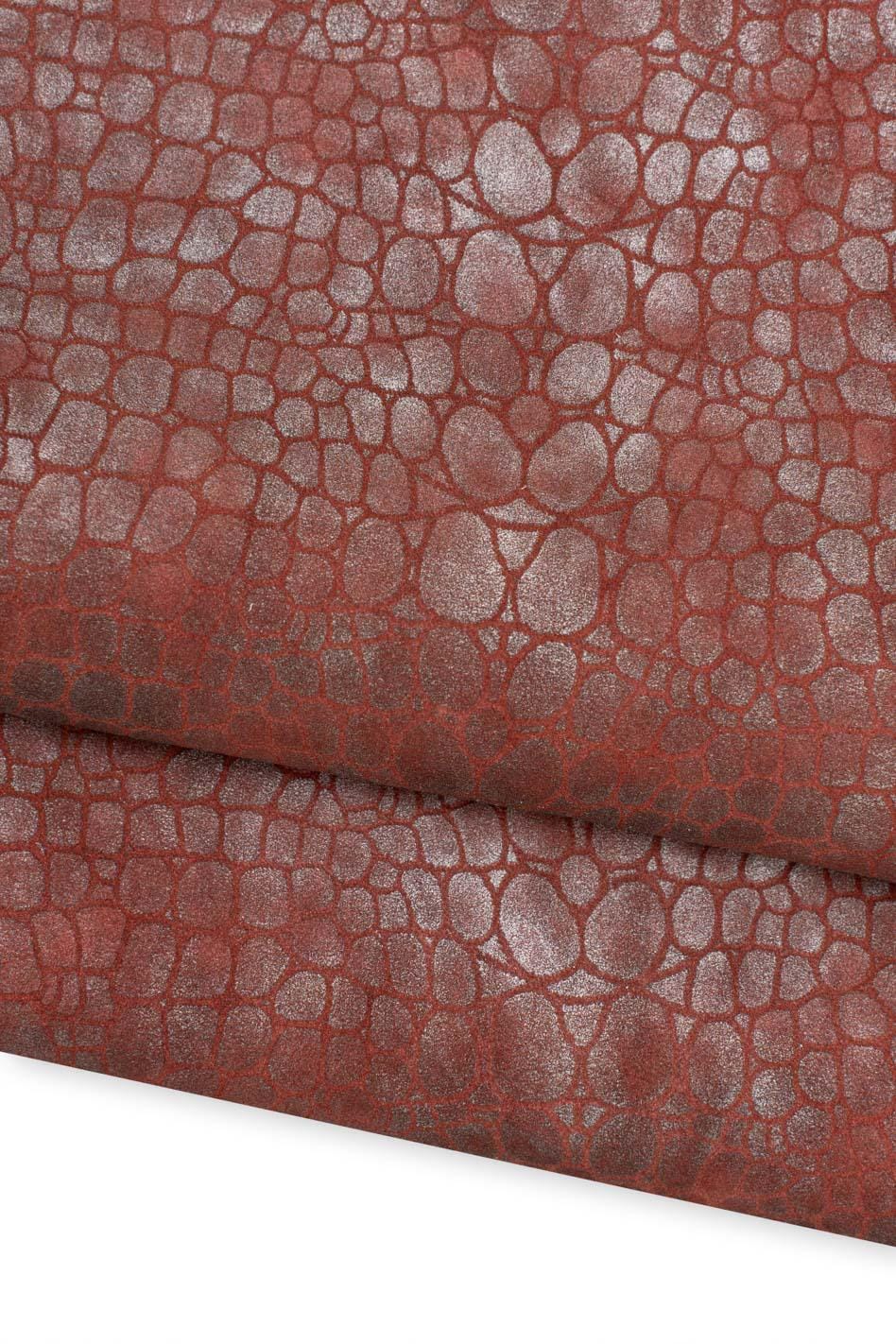 Burgundy CROCODILE embossed leather skin - with silver shades, sporty soft ROUGH goatskin, printed hide, 0.8 - 1.0 mm B19616-ST La Garzarara