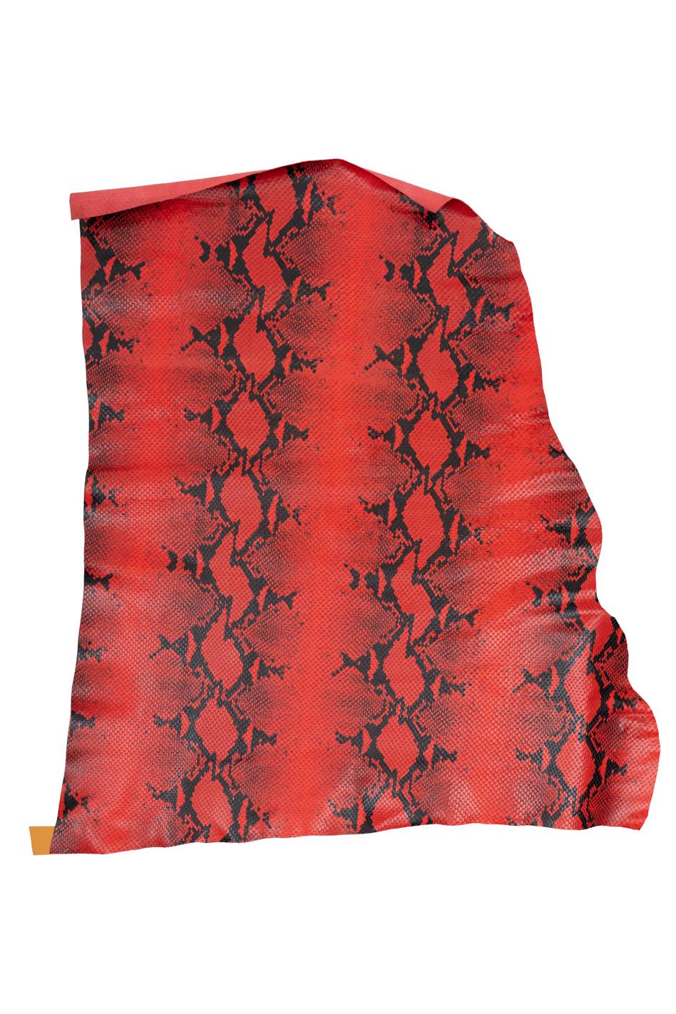 Red - black PYTHON leather hide, snake printed GLOSSY calfskin, reptile textured soft cowhide, 0.7 - 0.9 mm B19622-ST La Garzarara