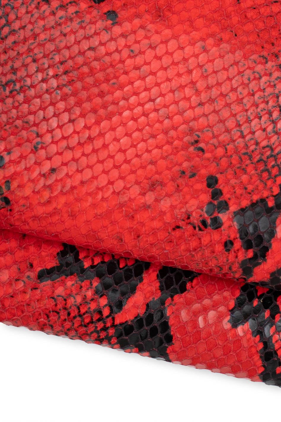 Red - black PYTHON leather hide, snake printed GLOSSY calfskin, reptile textured soft cowhide, 0.7 - 0.9 mm B19622-ST La Garzarara