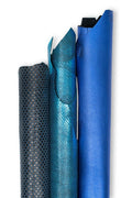 Set of 3 blue leather skins, METALLIC PRINTED goatskins, smooth reptile and polka dots pattern, as per pictures B19526-MT(st) La Garzarara