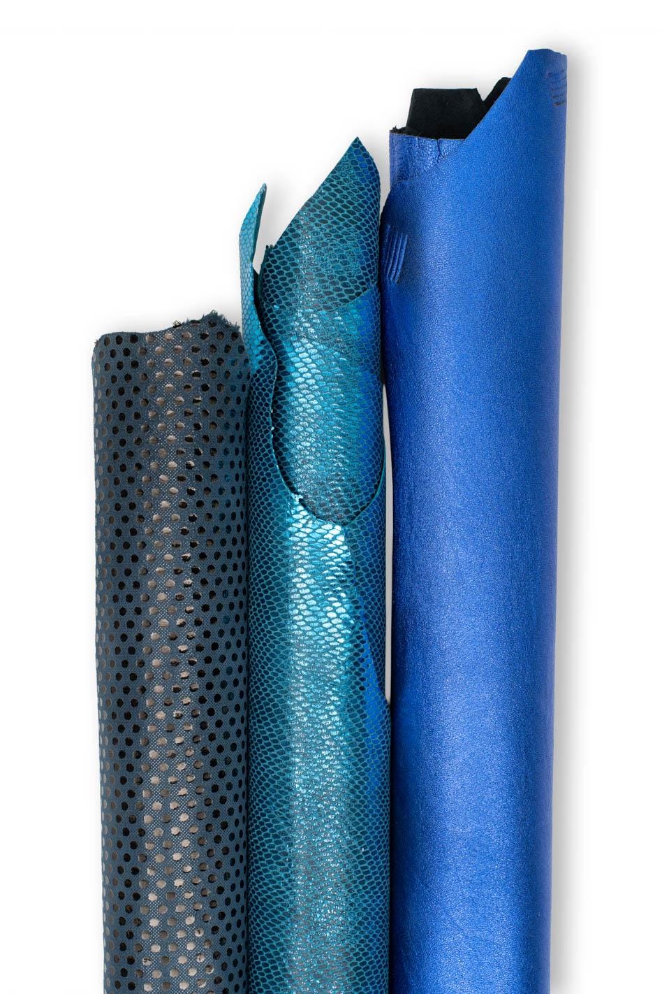Set of 3 blue leather skins, METALLIC PRINTED goatskins, smooth reptile and polka dots pattern, as per pictures B19526-MT(st) La Garzarara