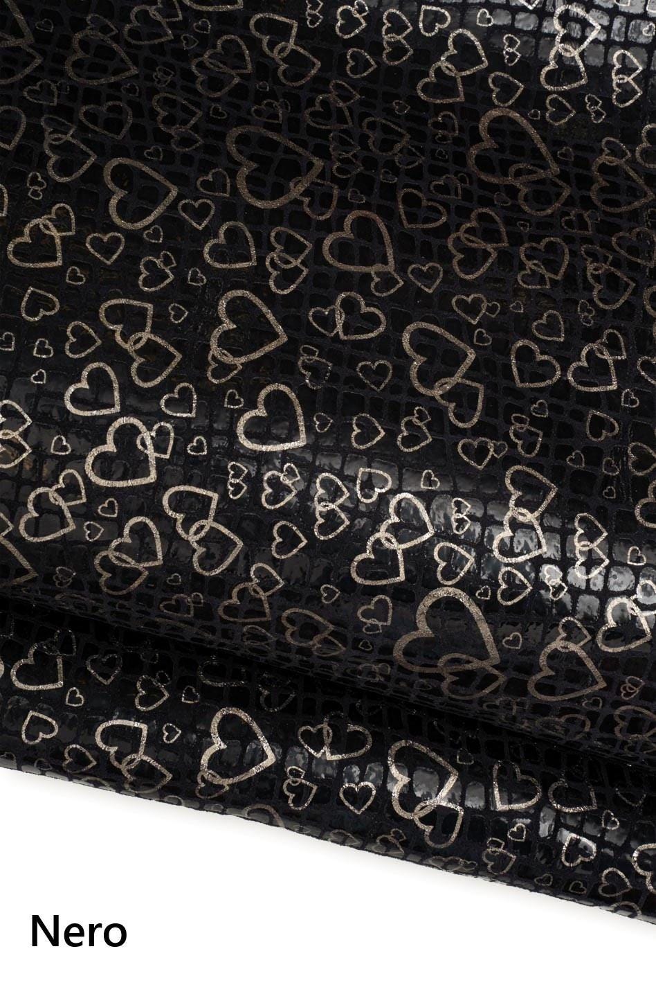HEART textured leather hide, brown / black reptile printed calfskin with METALLIC print, soft hide for crafters B19441-MT(st) La Garzarara