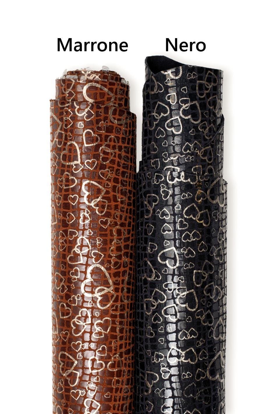 HEART textured leather hide, brown / black reptile printed calfskin with METALLIC print, soft hide for crafters B19441-MT(st) La Garzarara