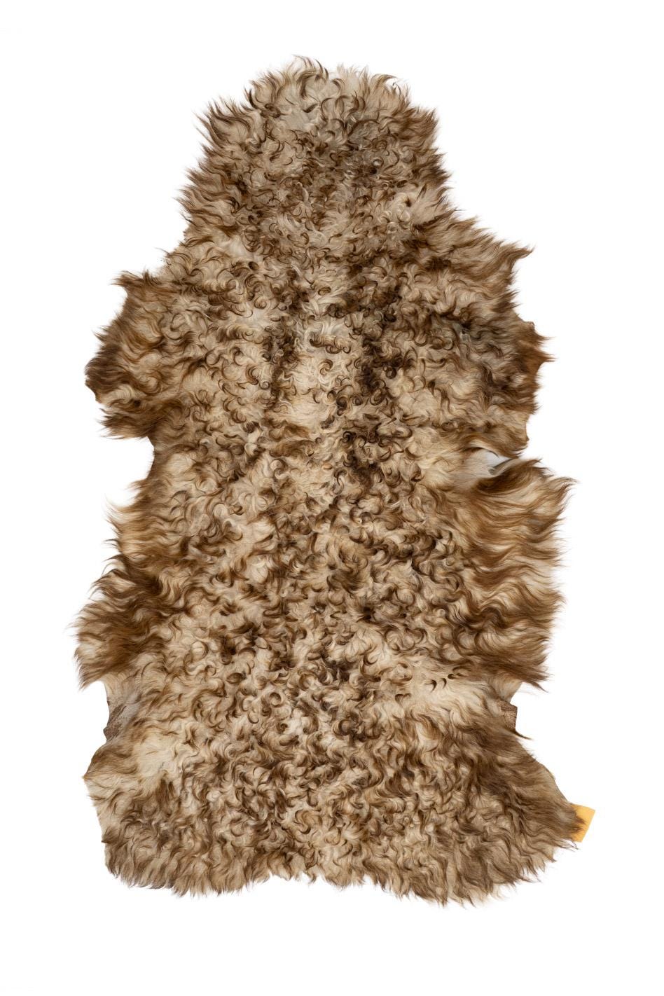 Brown/cream WOOL on leather - SHEARLING hairy sheepskin, curly hair , soft material for boots and garments B19639-MNT La Garzarara
