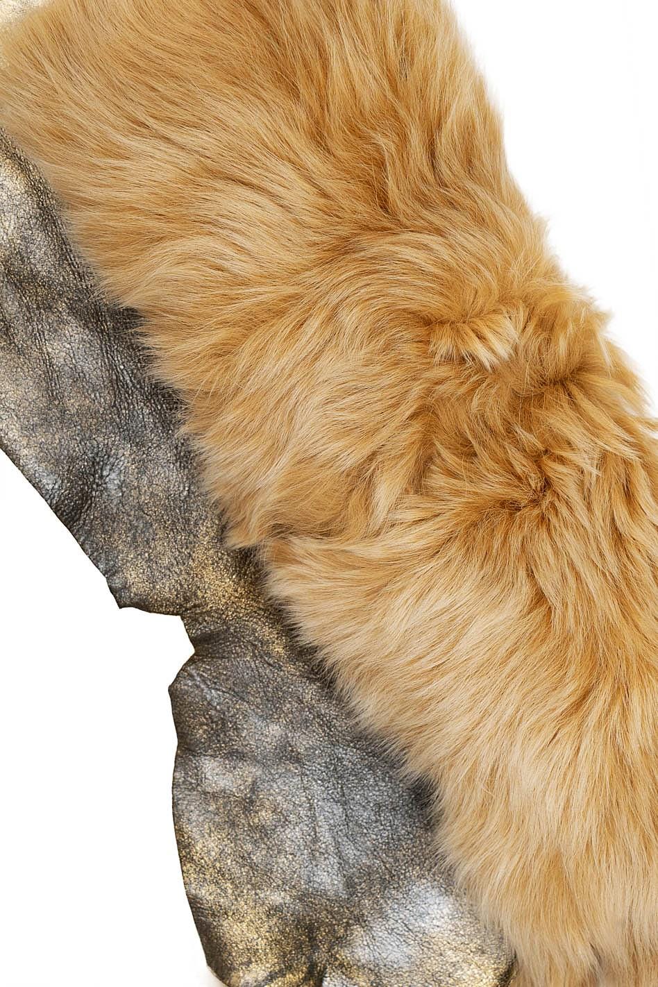 Beige DOUBLE FACE shearling, plush hairy sheepskin, back skin in gold metallic leather B19638-MNT La Garzarara