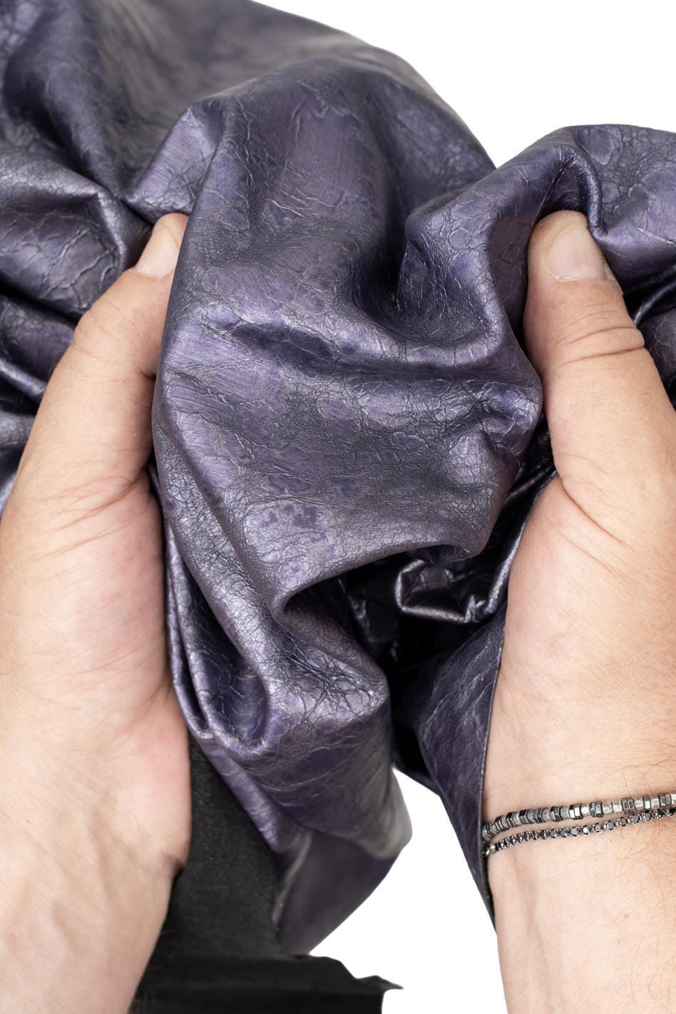 Steelmetal / purple METALLIC leather skin, aged, hand painted DISTRESSED wrinkled goatskin, soft crackled hide for crafters B19588-MT(st)