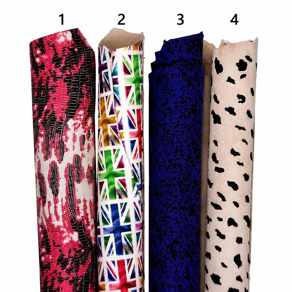 Printed leather hides, leopard polka dots coccodrille geometric flowers lizard neon, full hides available, goatskins B19235-ST La Garzarara