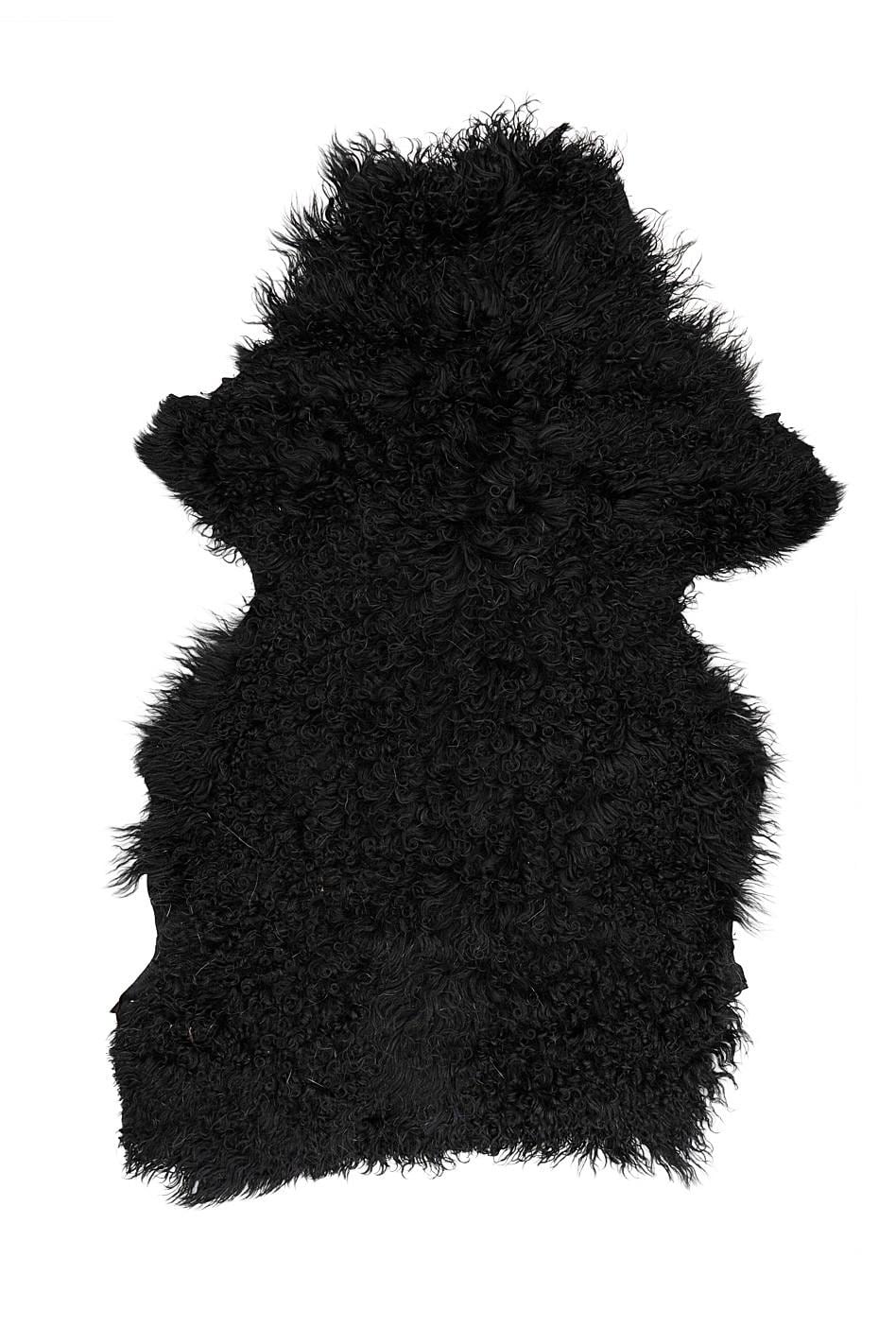 Black SHEARLING leather skin, long curly hair on sheepskin, plush WOOL material - back in black wrinkled leather B19640-MNT La Garzarara