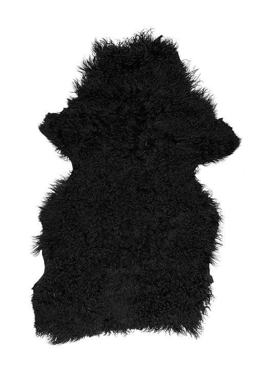 Black SHEARLING leather skin, long curly hair on sheepskin, plush WOOL material - back in black wrinkled leather B19640-MNT La Garzarara