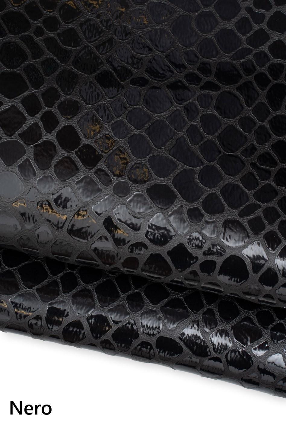 Brown - black CROCODILE printed leather skins, alligator embossed goatskins, GLOSSY soft hides for crafters B19738-ST La Garzarara