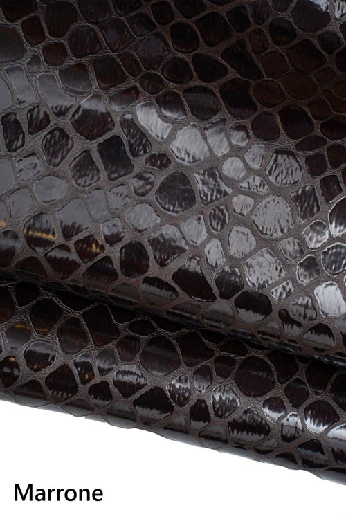 Brown - black CROCODILE printed leather skins, alligator embossed goatskins, GLOSSY soft hides for crafters B19738-ST La Garzarara