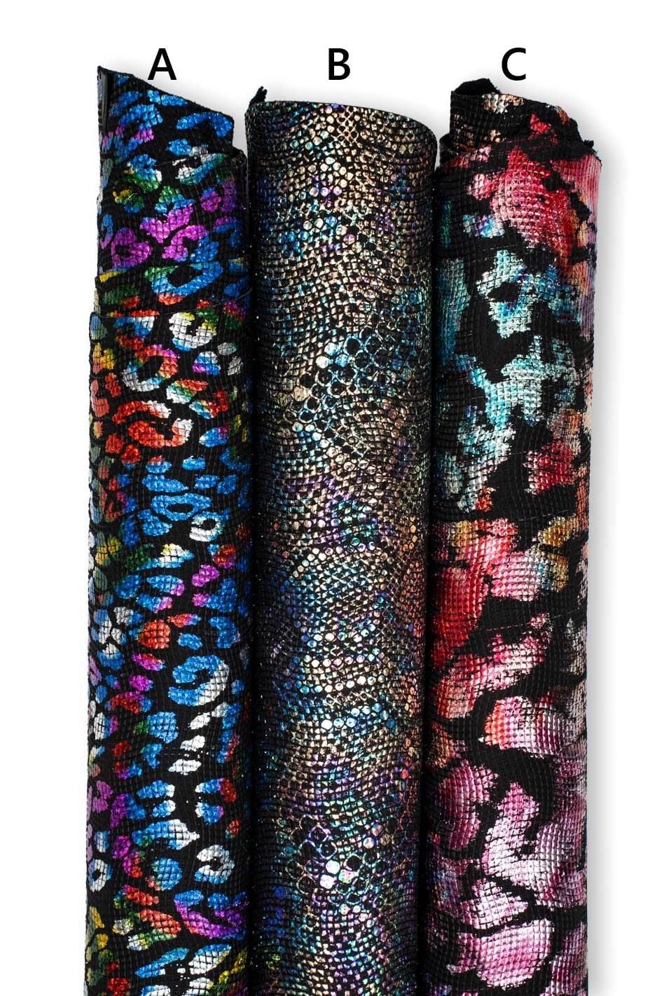 Holographic MULTICOLOR leather skins, METALLIC textured goatskins - leopard, reptile, abstract textured hides B19732-MT(st) La Garzarara