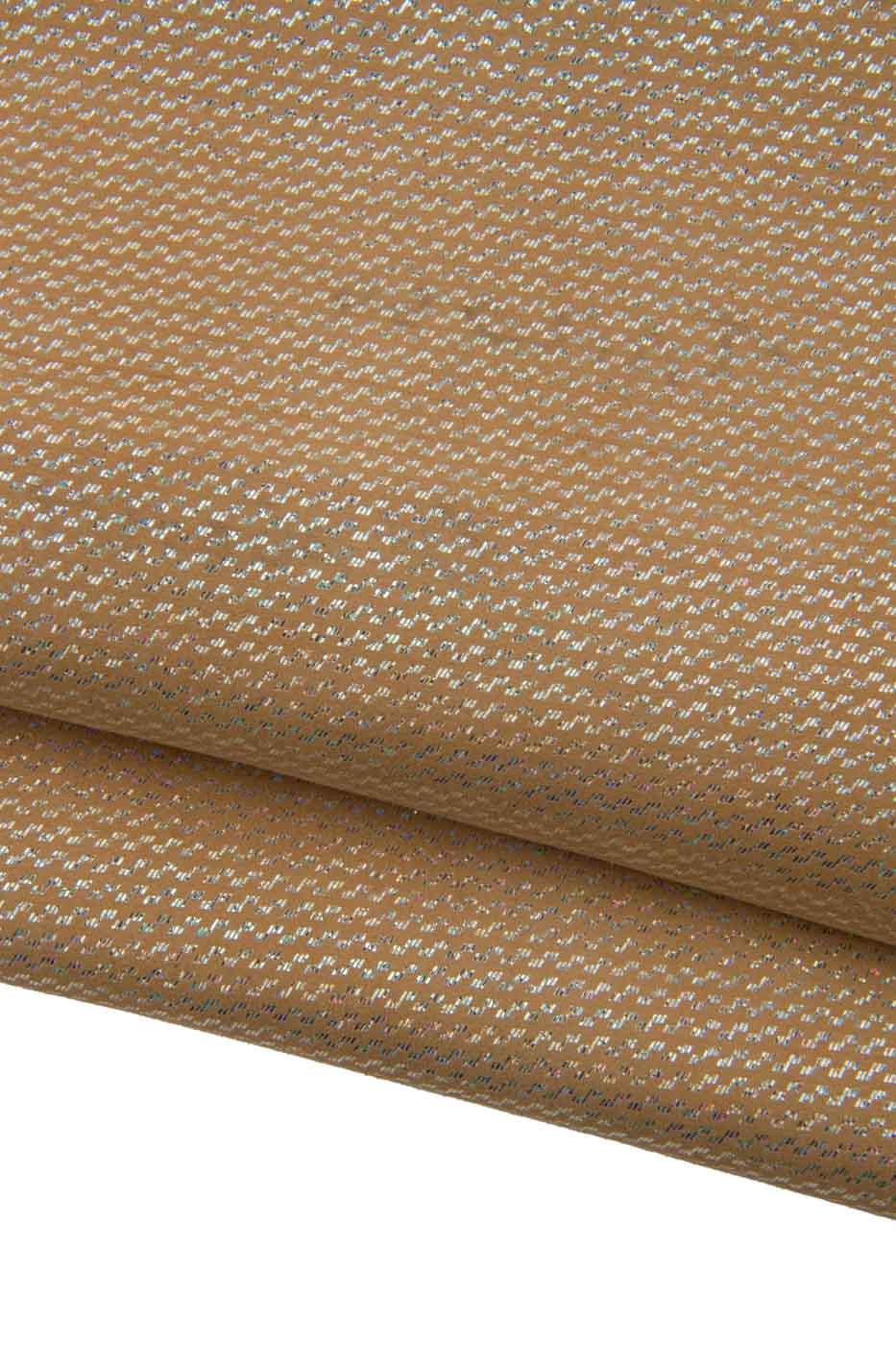 Set of 2 HOLOGRAPHIC METALLIC printed goatskins, light gold geometrical texture on beige suede leather skin B19465-MT(st) La Garzarara