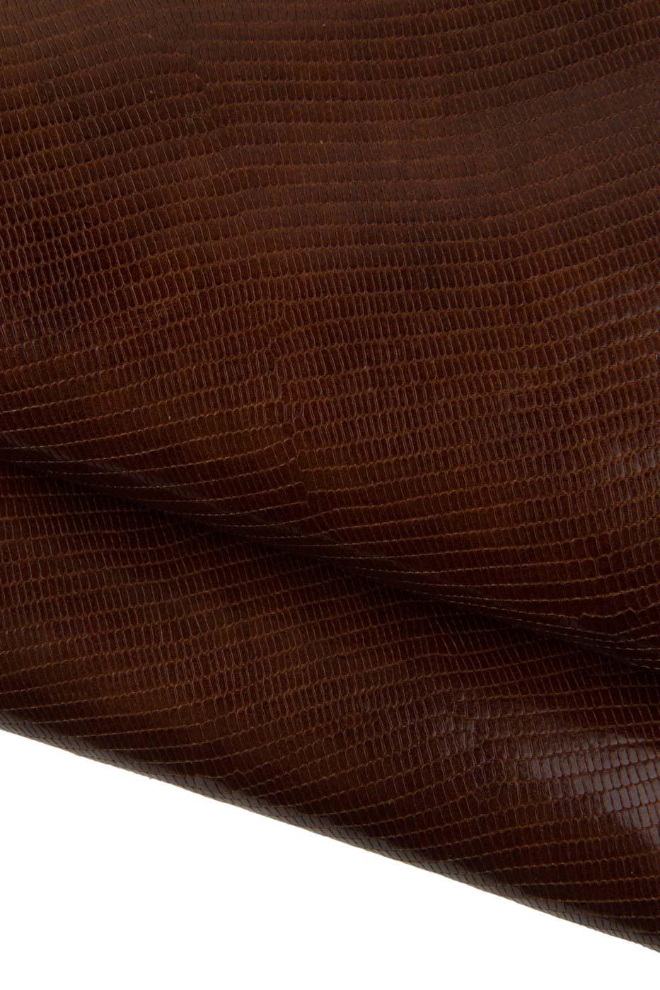 Dark brown LIZARD printed leather hide, tejus pattern on goatskin, glossy embossed hide for crafters B19324-ST La Garzarara
