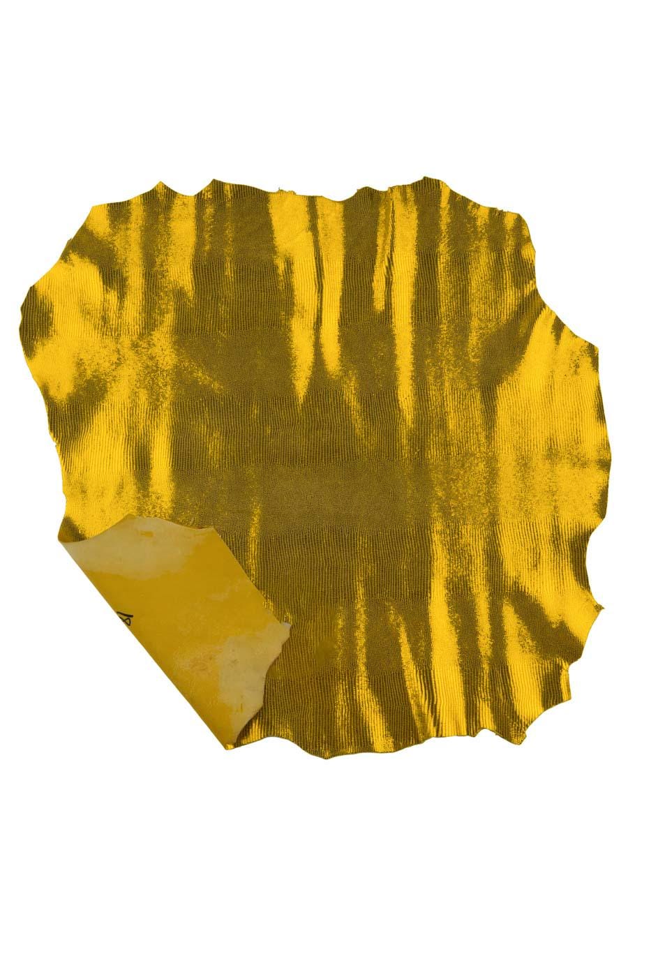Gold yellow LIZARD printed leather skin, reptile printed METALLIC goatskin, thin soft bright material 0.5 - 0.8mm B19413-MT(st) La Garzarara