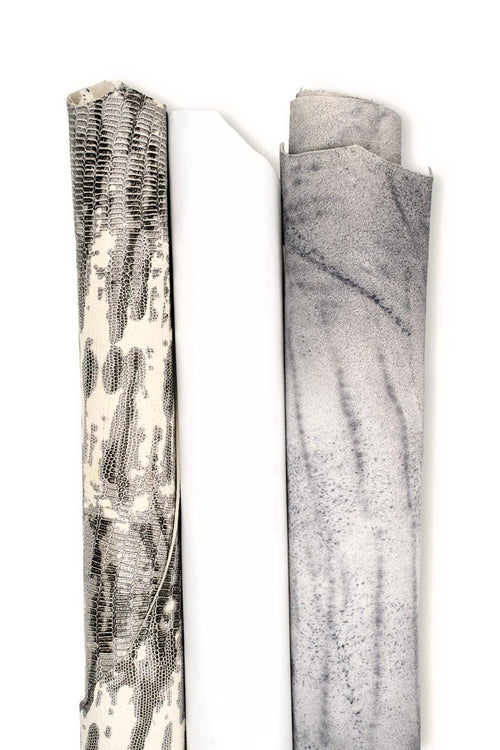 Assortment of 3 white - grey leather skins, BUNDLE of 1 solid color smooth goatskin, and 2 ANIMAL printed leathers B19528-ST La Garzarara
