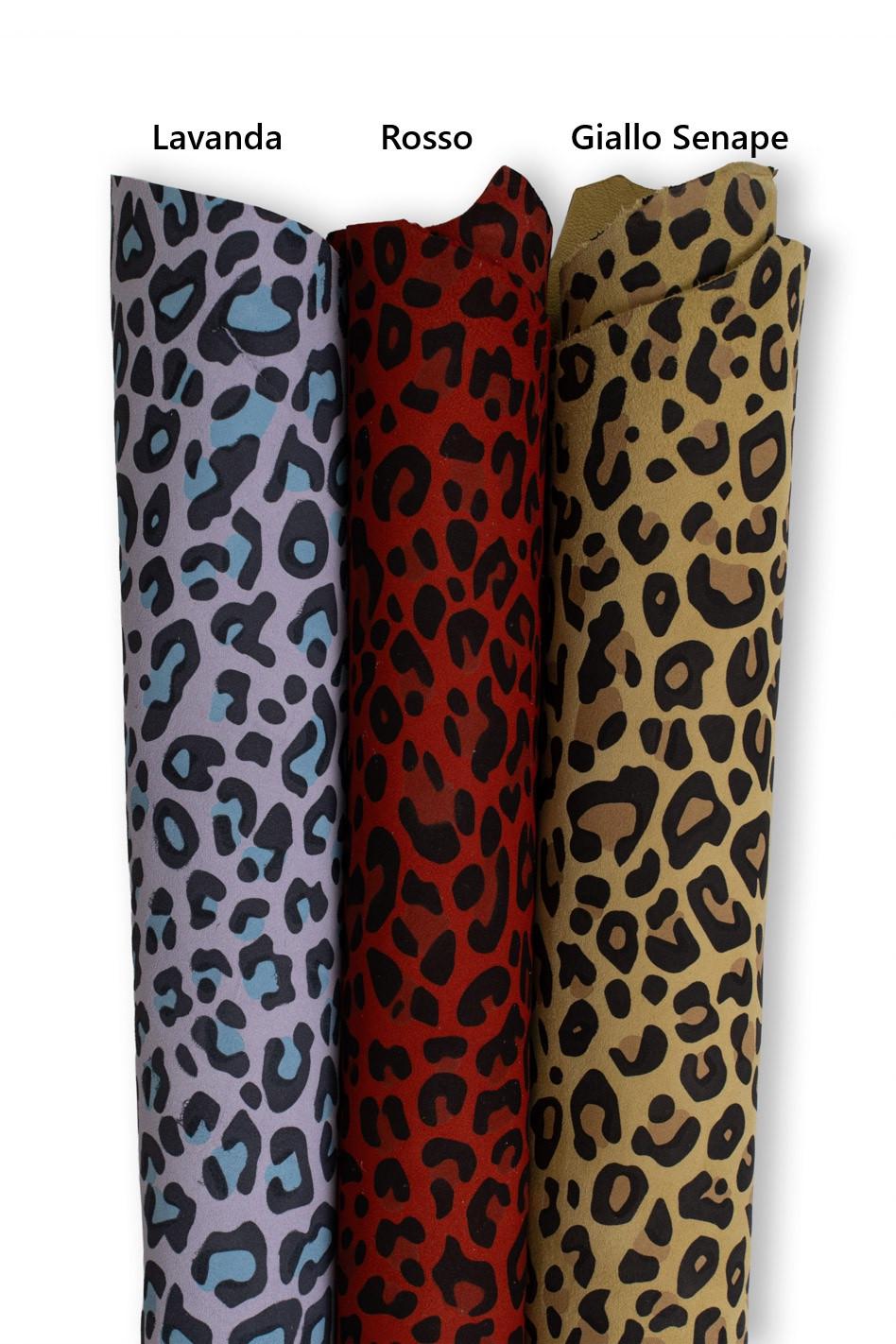 LEOPARD textured leather skin, ANIMAL printed suede goatskin, cheetah pattern on lavender, red, mustard yellow skin B18686-ST La Garzarara