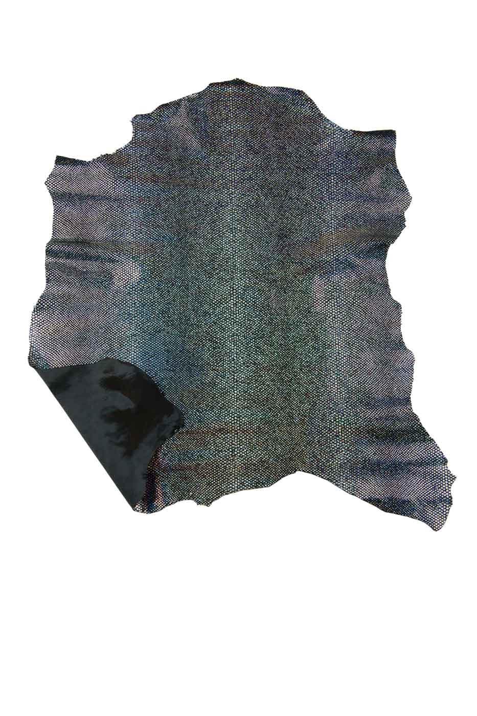 HOLOGRAPHIC metallic REPTILE printed leather skin, iridescent silver snake pattern on black soft suede goatskin B19434-MT(st) La Garzarara
