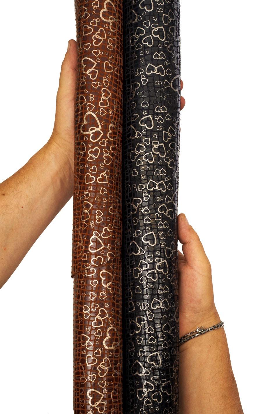 HEART textured leather hide, brown / black reptile printed calfskin with METALLIC print, soft hide for crafters B19441-MT(st) La Garzarara