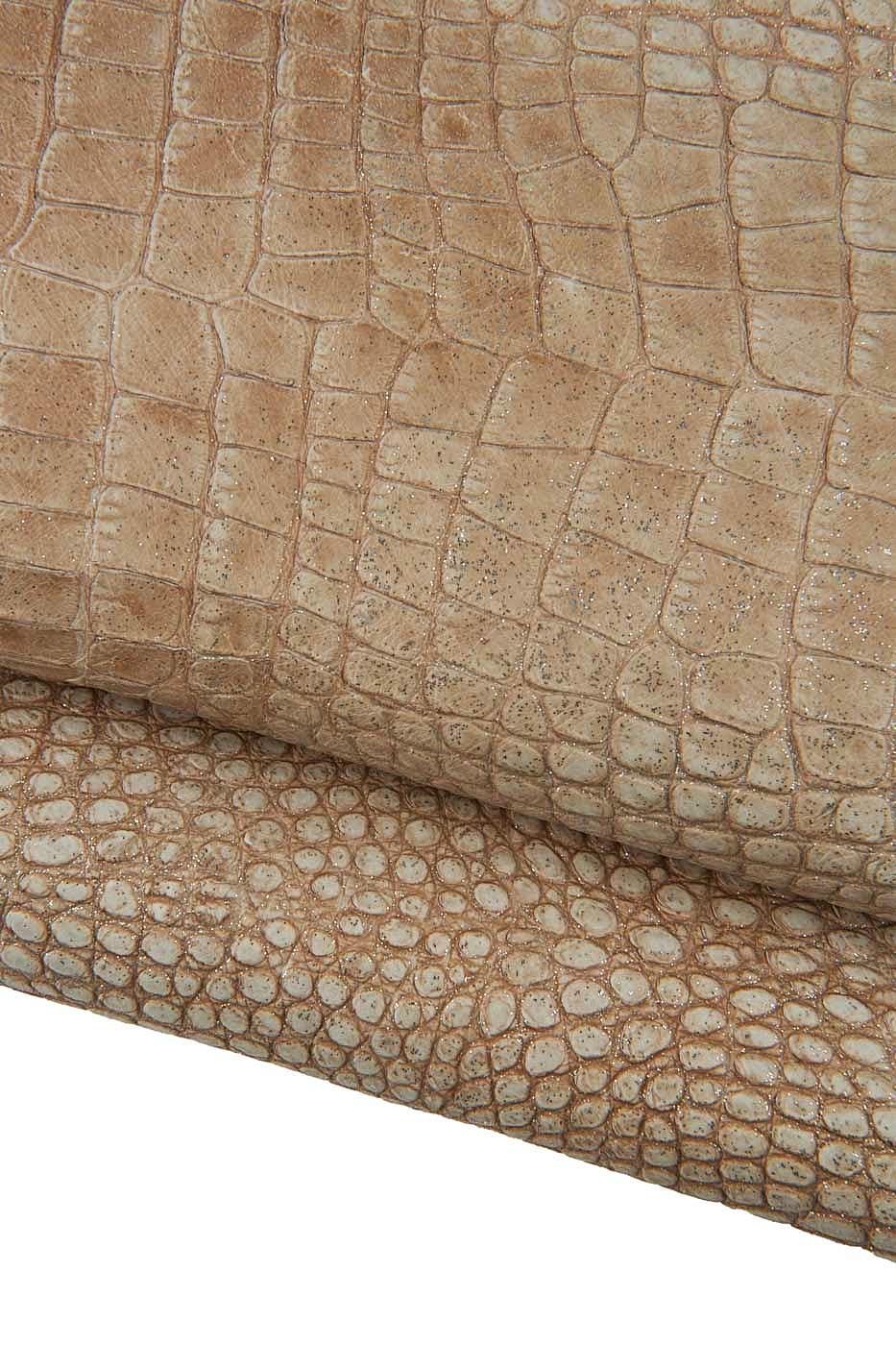 Beige CROCODILE embossed leather skin, alligator printed goatskin with silver GLITTER B19312-ST La Garzarara