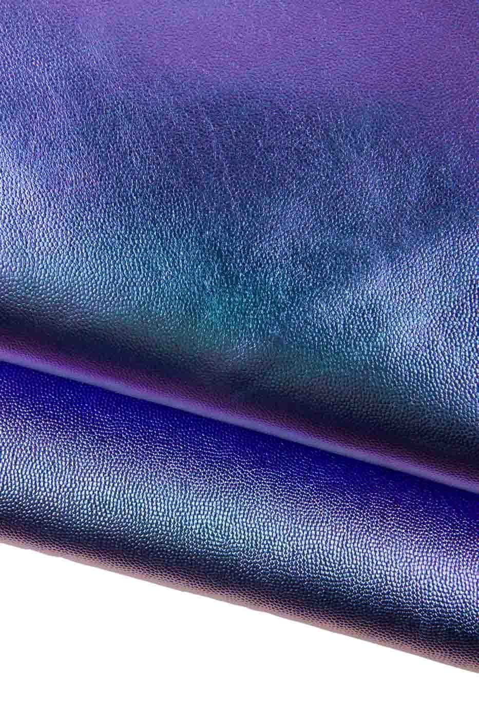 IRIDESCENT METALLIC leather hide, light blue/purple holographic cowhide, tiny pebble grain printed bright calfskin B19437-MT(st) LaGarzarara
