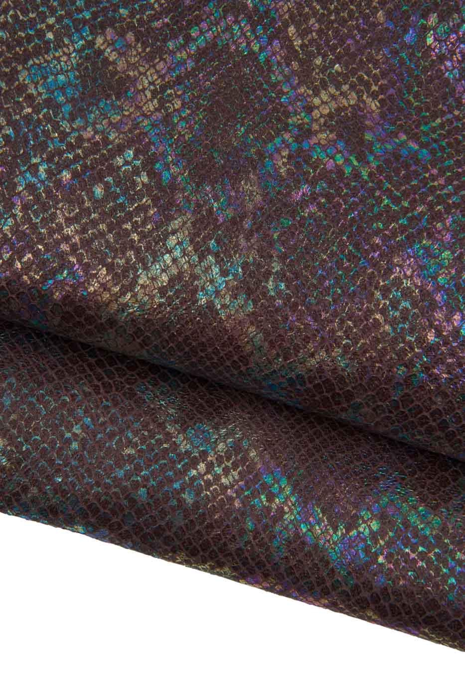 IRIDESCENT metallic SNAKESKIN, brown reptile leather with multicolor holografic pattern - bright soft python B19315-MT(st) La Garzarara
