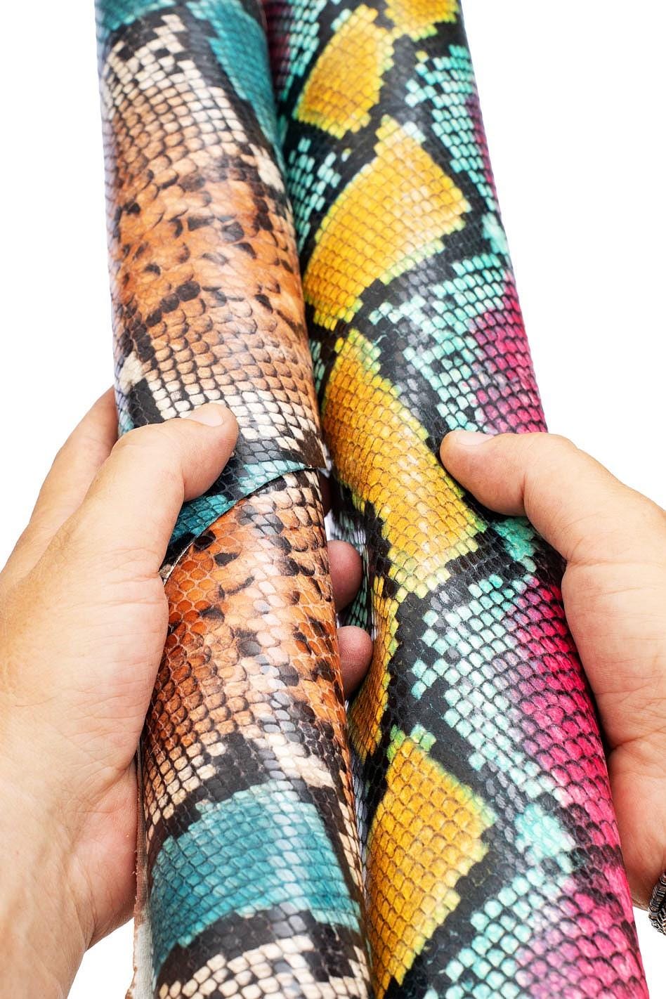 MULTICOLOR PYTHON printed leather hide, reptile textured goatskin, snake pattern on semi glossy soft hide B19730-ST La Garzarara