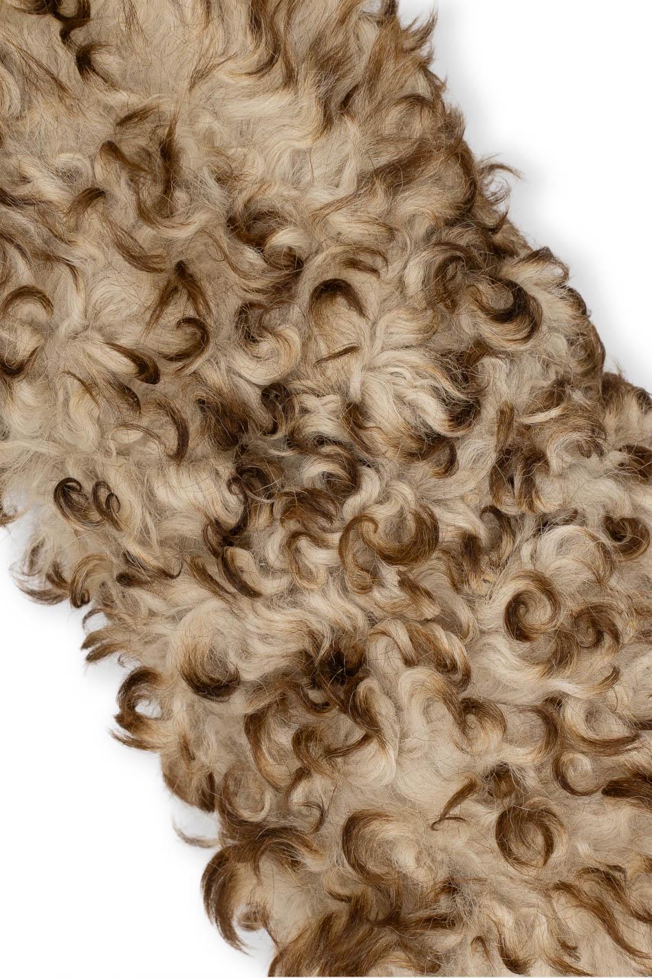 Brown/cream WOOL on leather - SHEARLING hairy sheepskin, curly hair , soft material for boots and garments B19639-MNT La Garzarara
