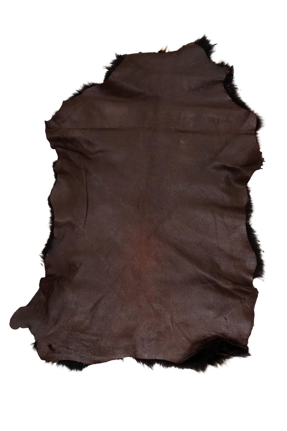 Dark brown natural WOOL leather - SHEARLING hairy sheepskin, straight hair , fluffy material for boots / garments B19639-MNT La Garzarara