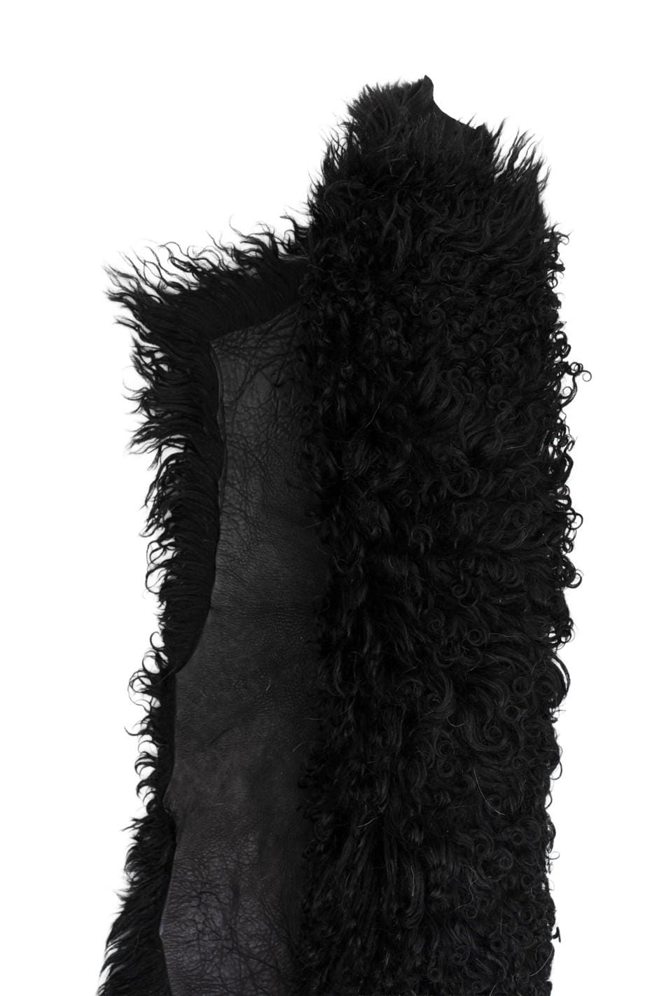 Black SHEARLING leather skin, long curly hair on sheepskin, plush WOOL material - back in black wrinkled leather B19640-MNT La Garzarara