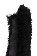 Black SHEARLING leather skin, long curly hair on sheepskin, plush WOOL material - back in black wrinkled leather B19640-MNT La Garzarara
