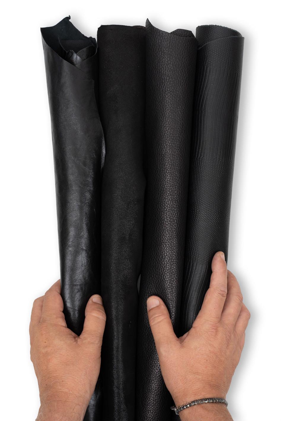 BLACK LEATHER skins in different finishings - smooth - glitter metallic - tiny pebble grain - lizard print B19619-TB La Garzarara