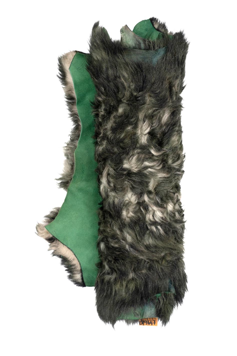 Black/grey SHEARLING leather skin, long curly hair on sheepskin, plush WOOL material - back in green suede leather B19647-MNT La Garzarara