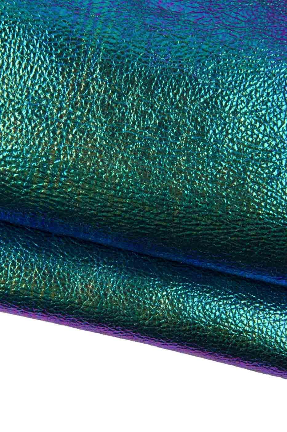 Green - blue IRIDESCENT METALLIC leather hide, pebble grain printed cowhide, bright soft calfskin B19375-MT(st) La Garzarara