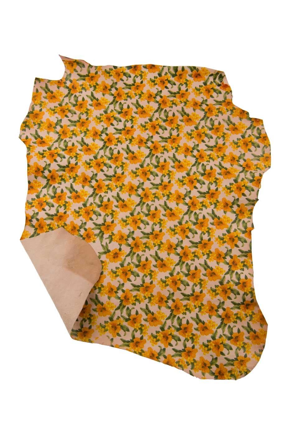 FLORAL textured leather skin, yellow - green flower pattern on beige SOFT goatskin B19414-ST La Garzarara