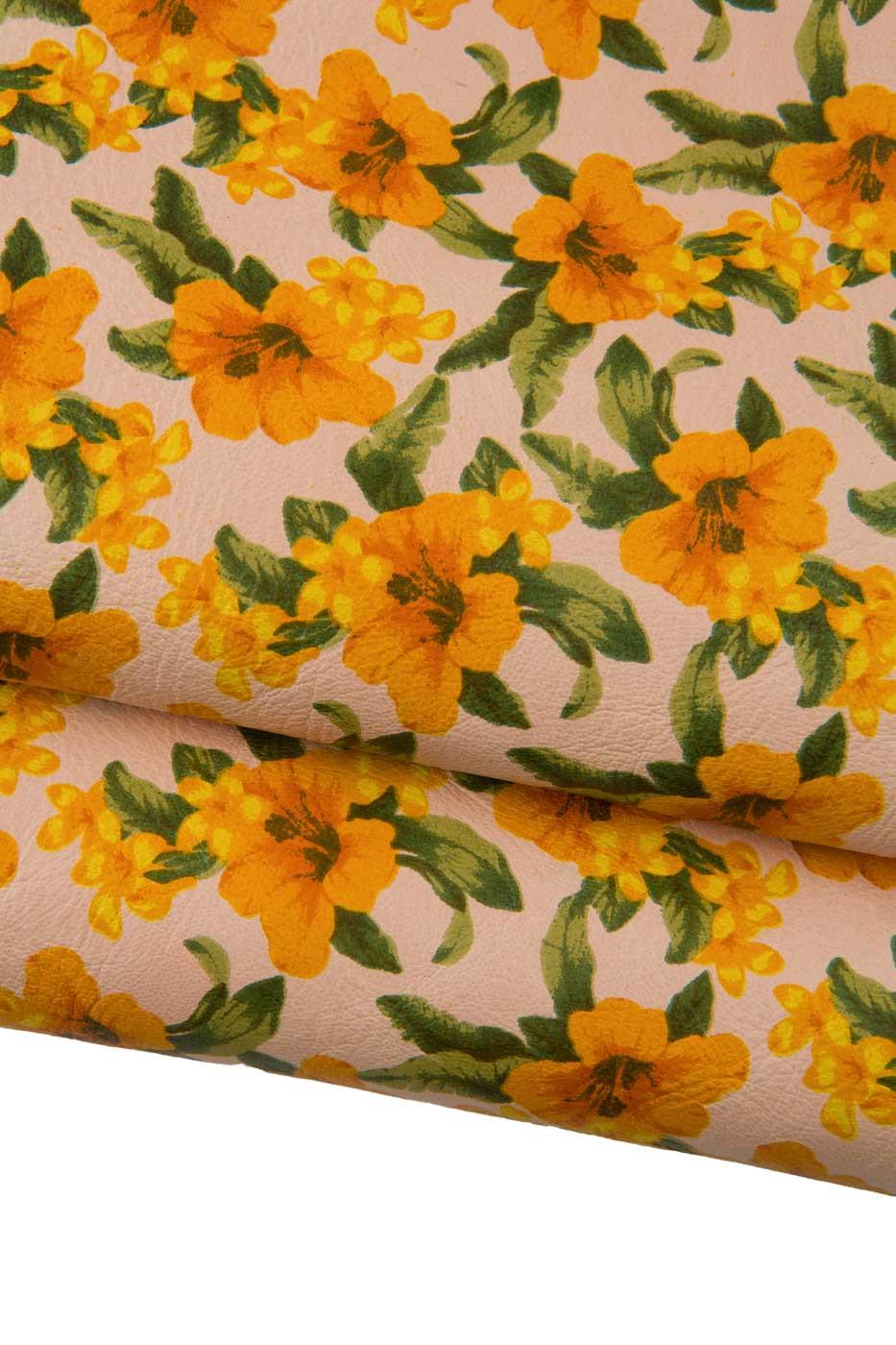 FLORAL textured leather skin, yellow - green flower pattern on beige SOFT goatskin B19414-ST La Garzarara