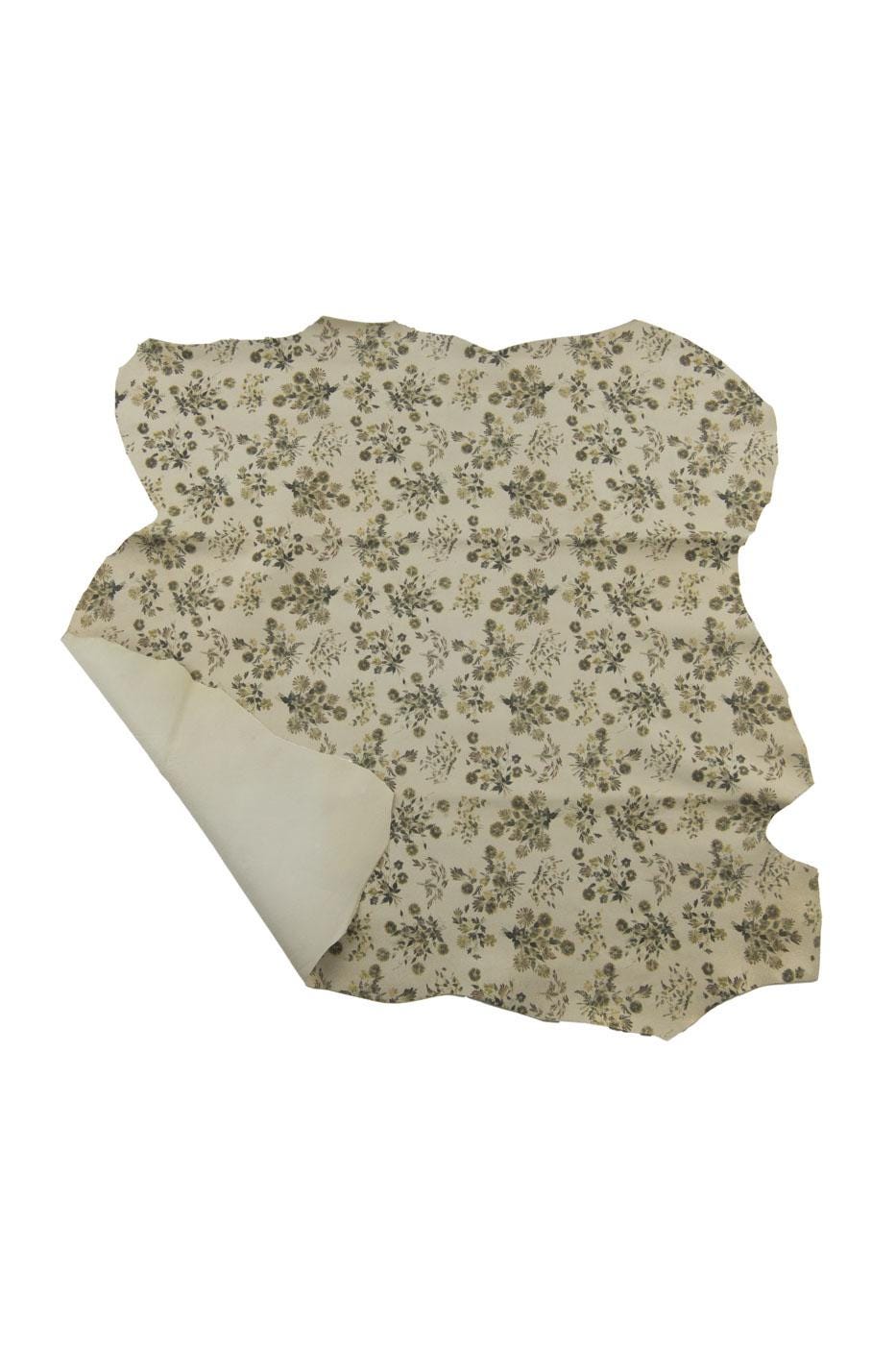 FLORAL textured SUEDE goatskin, yellow - green - grey flower pattern on cream soft glittered leather skin B19470-ST La Garzarara