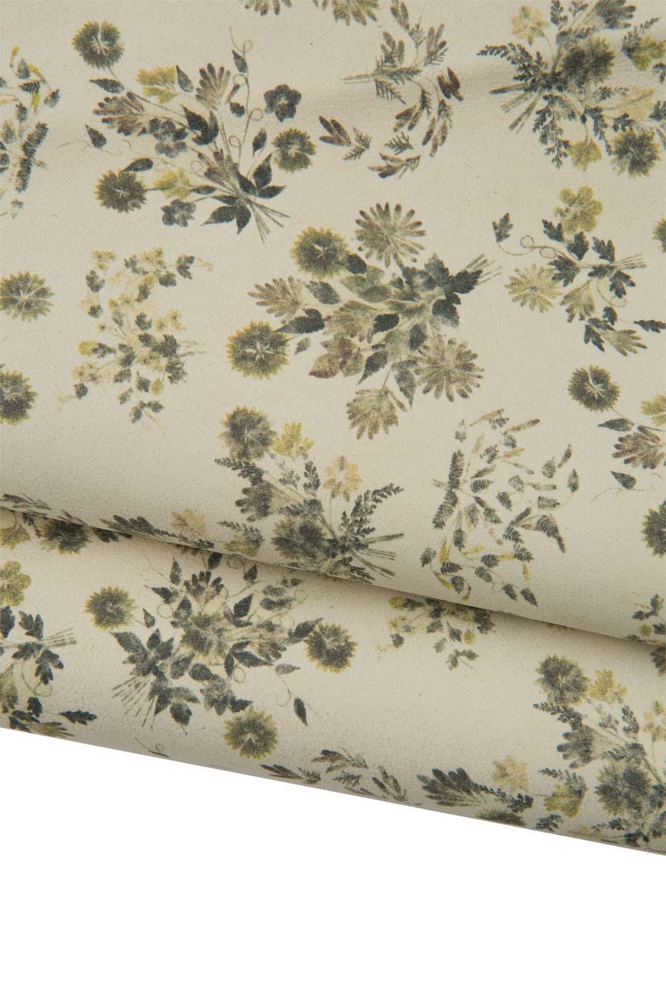 FLORAL textured SUEDE goatskin, yellow - green - grey flower pattern on cream soft glittered leather skin B19470-ST La Garzarara