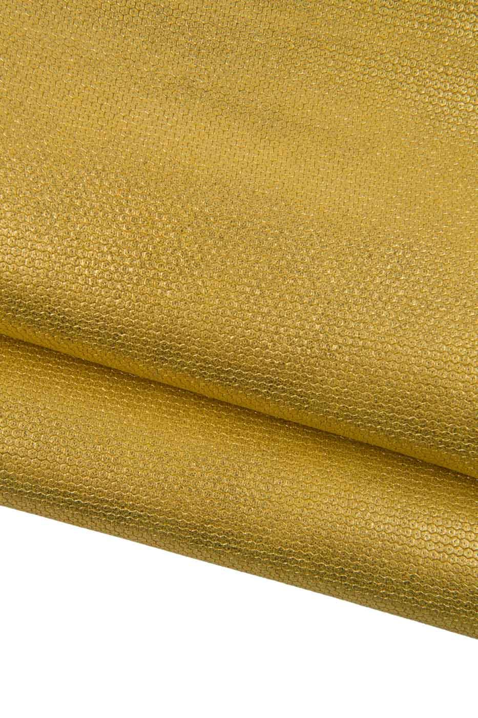 Gold METALLIC leather skin, HONEYCOMB printed goatskin, geometrical textured glittered hide for hobbyists B19476-MT La Garzarara