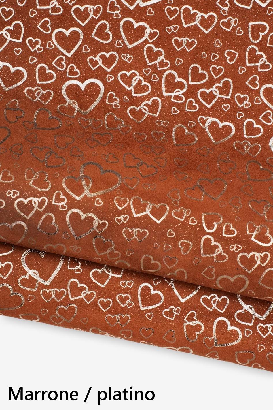METALLIC HEART print on suede leather hide, soft bright textured split cowhide, ideal for diy projects B19442-MT(st) La Garzarara