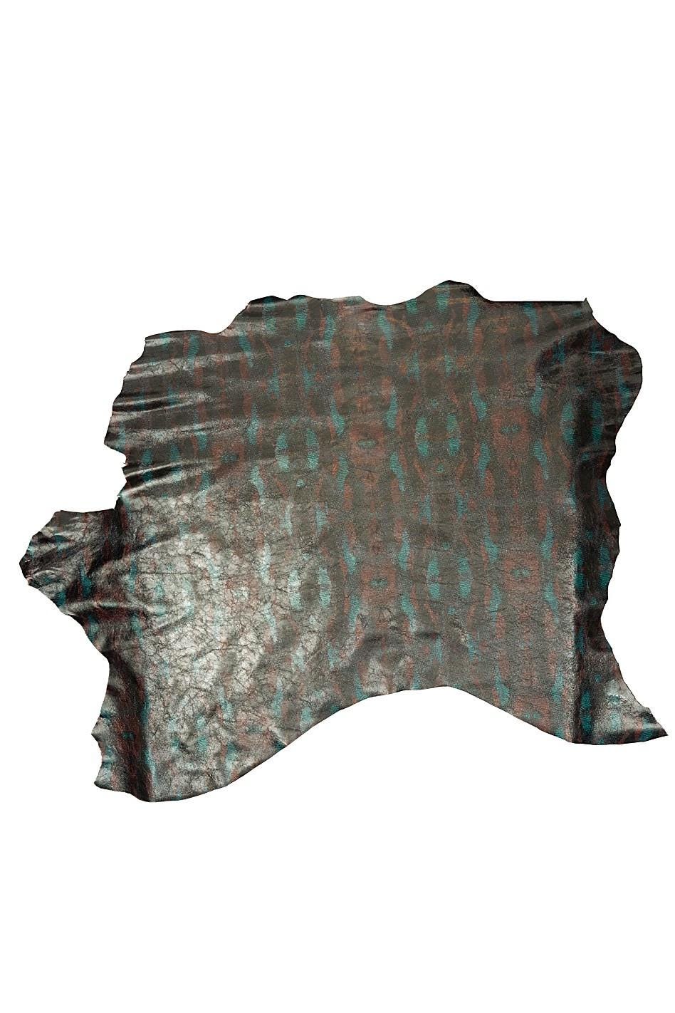 Glossy textured leather skin, black red green ABSTRACT PATTERN on goatskin, thin soft material for hobbyists 0.5 - 0.6 mm B19654-ST