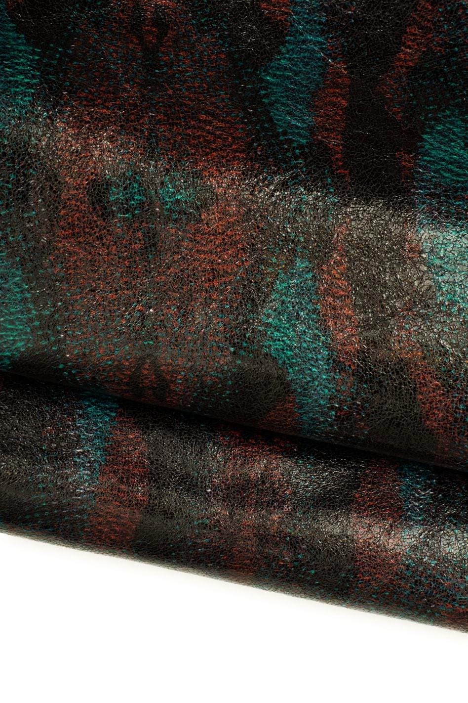 Glossy textured leather skin, black red green ABSTRACT PATTERN on goatskin, thin soft material for hobbyists 0.5 - 0.6 mm B19654-ST