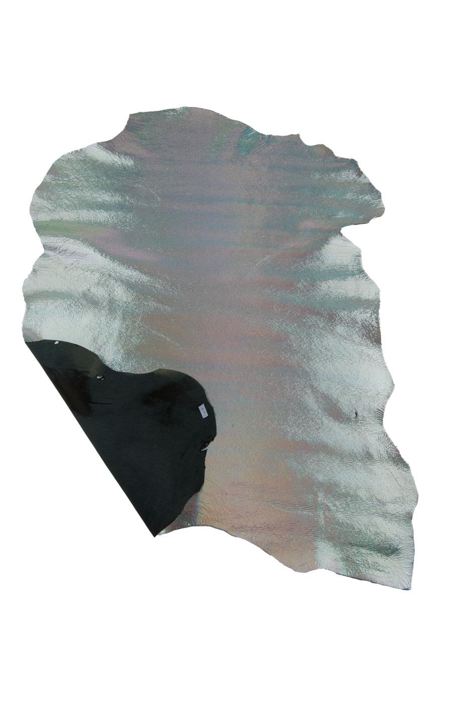Silver IRIDESCENT metallic leather skin, holographic CRACKLED printed goatskin - glossy bright soft hide B19424-MT(st) La Garzarara
