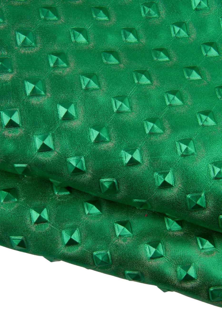 Green EMBOSSED leather skin, RELIEF printed goatskin, soft metallic vintage distressed hide, 0.7 - 0.9 mm B19387-MT(st) La Garzarara