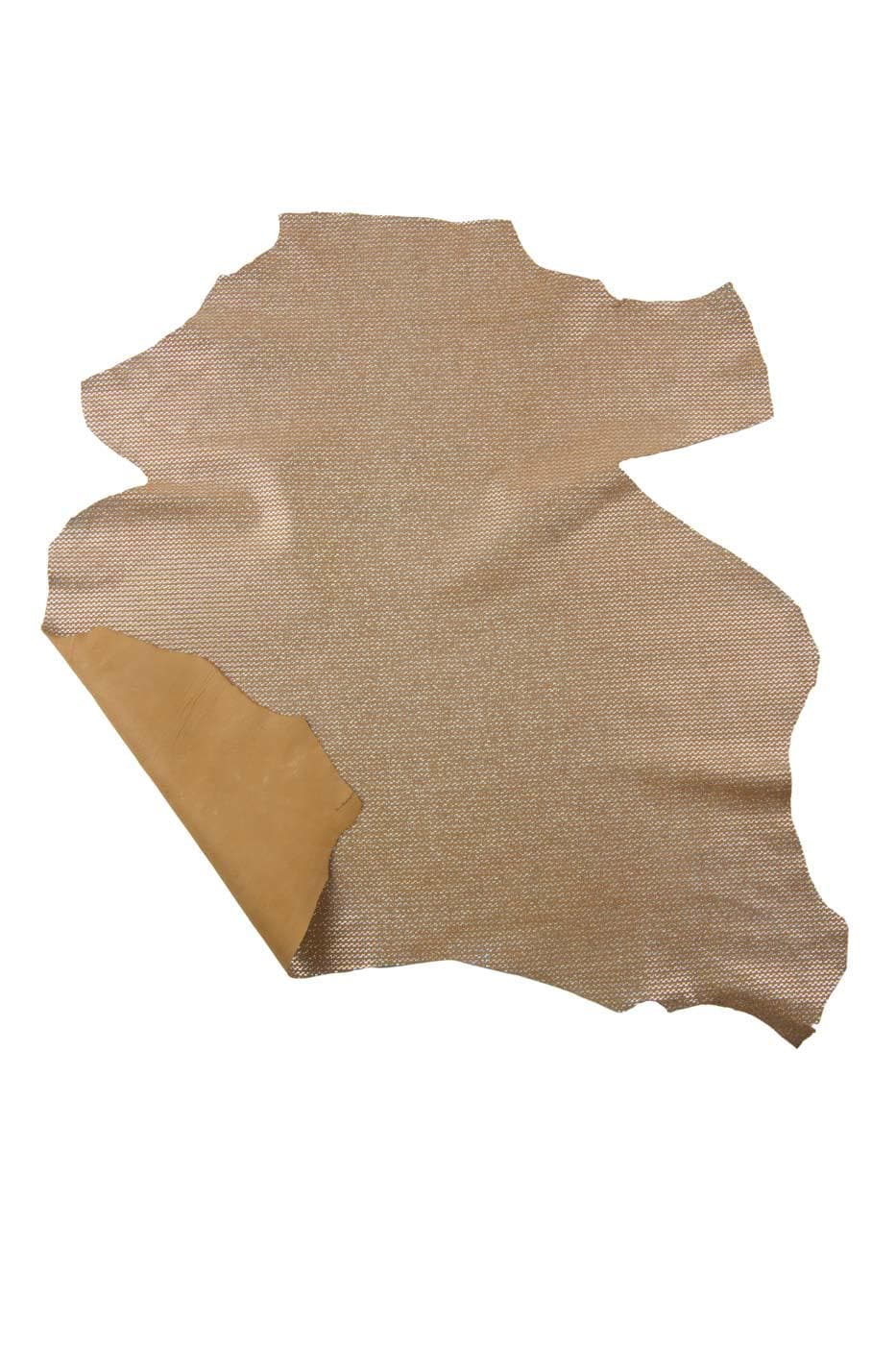 Set of 2 HOLOGRAPHIC METALLIC printed goatskins, light gold geometrical texture on beige suede leather skin B19465-MT(st) La Garzarara