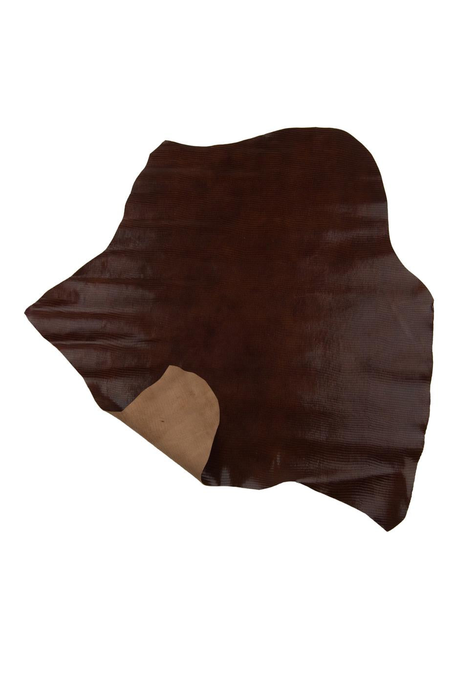 Dark brown LIZARD printed leather hide, tejus pattern on goatskin, glossy embossed hide for crafters B19324-ST La Garzarara