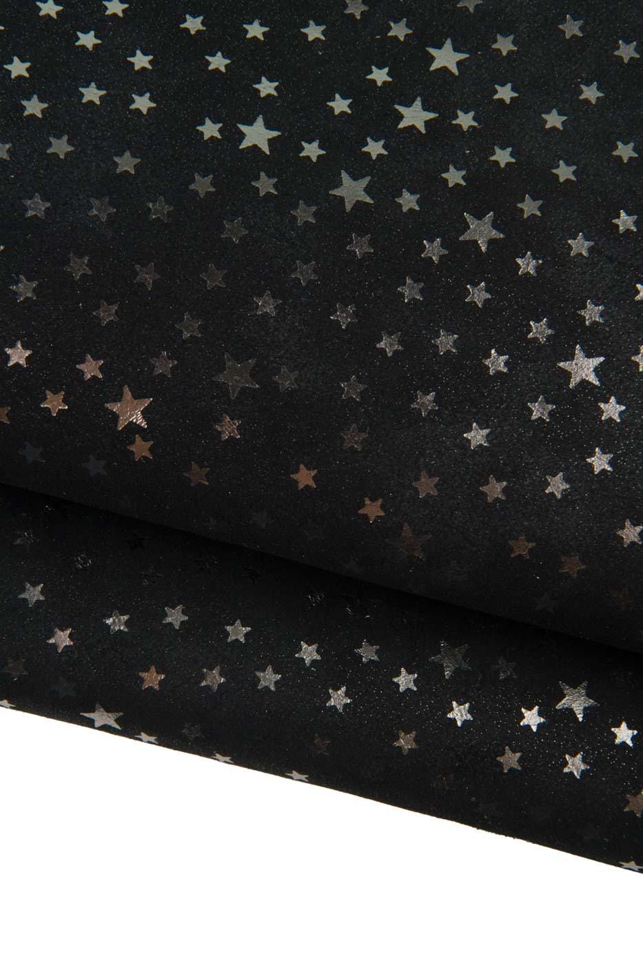 Silver STARS texture on black suede leather hide, METALLIC printed cowhide for hobbyists B19418-MT(st) La Garzarara
