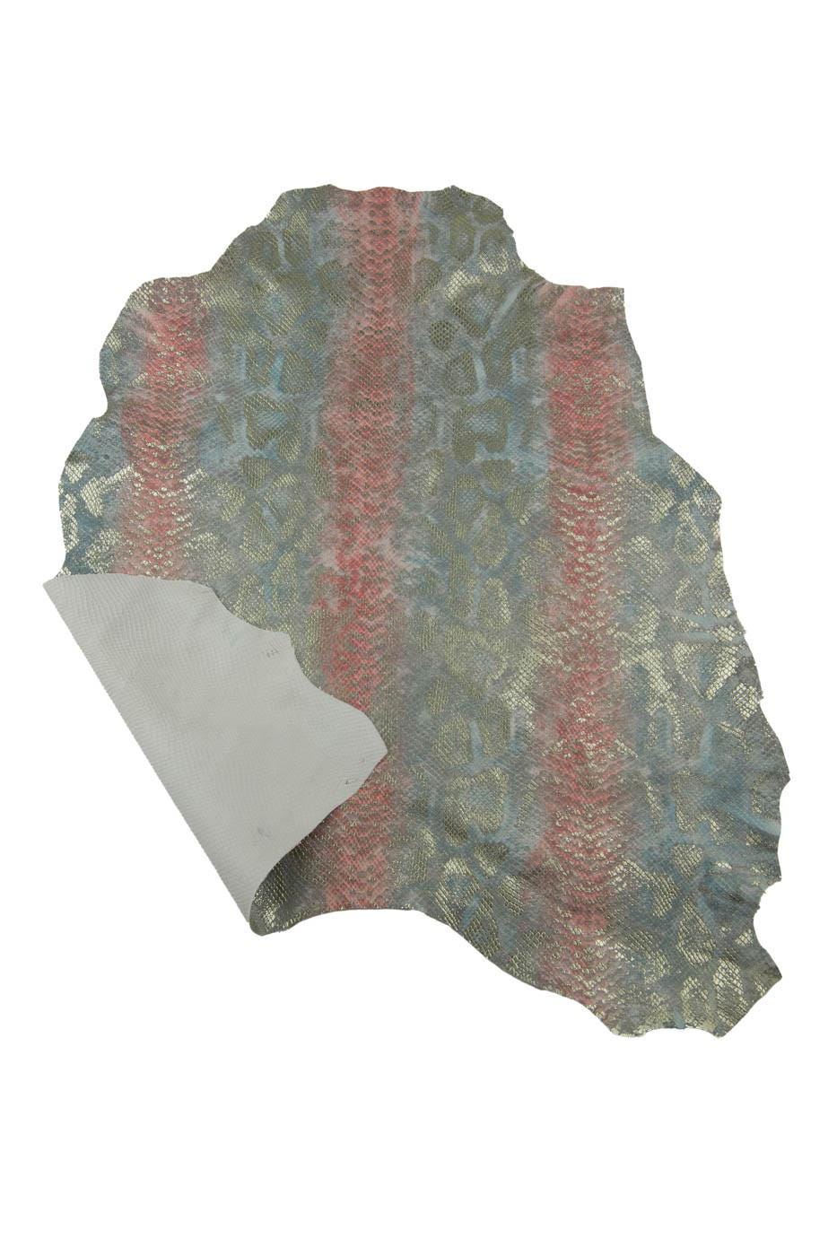 PYTHON textured leather skin, pink - light blue - silver SNAKE pattern on soft goatskin, ideal for hobbyists B19468-MT(st) La Garzarara
